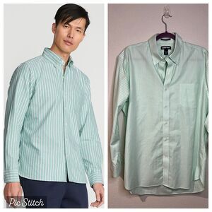 Lands' End Mens Long Sleeve Shirt Button Down 16,5 Tailored Supima Green White
